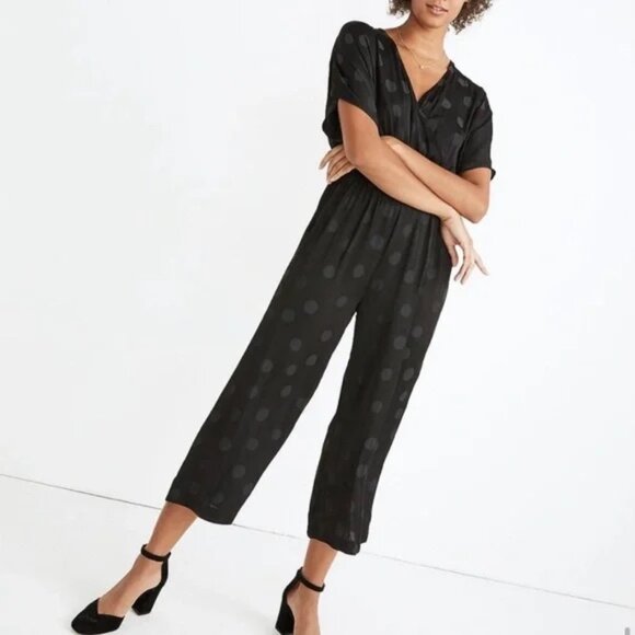 Madewell Jacquard Polka Dot Black Jumpsuit Size Large - Picture 1 of 7